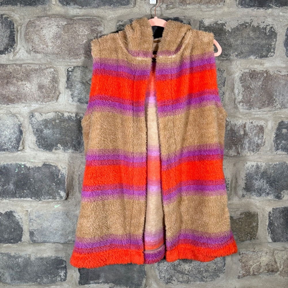 Koolaburra by UGG Fuzzy Vest L Hooded Sleeveless‎ Orange Purple Brown Cozy Soft